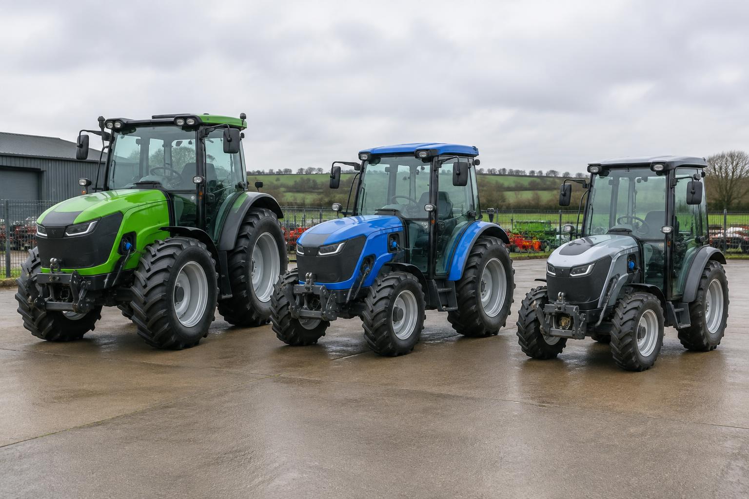 Three different compact battery-electric tractors parked at a UK machinery yard