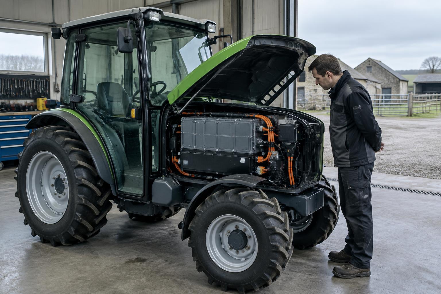 Electric tractor with its bonnet open for a battery inspection in a farm workshop