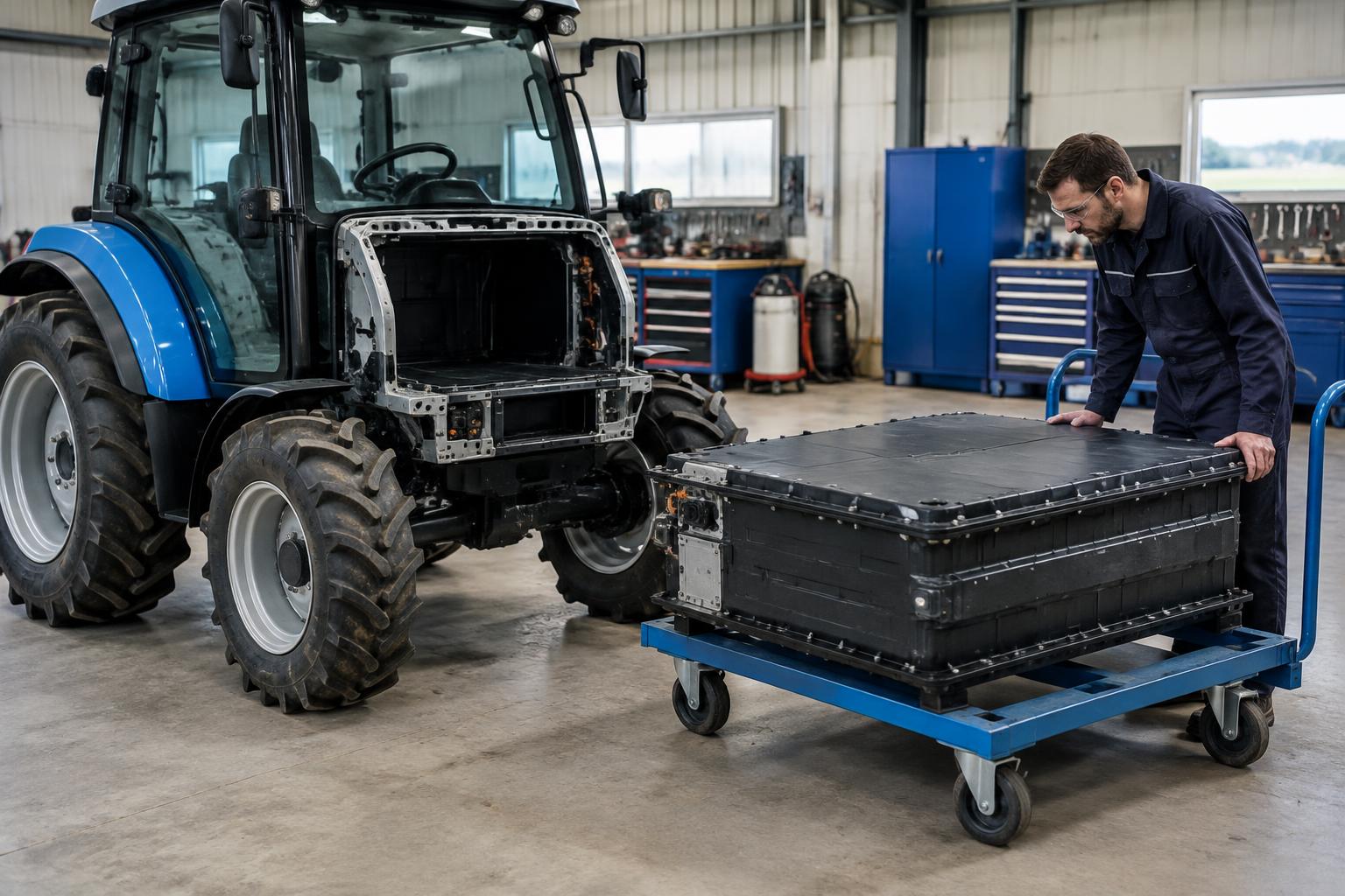 Technician inspecting a removed electric tractor battery module in a machinery workshop