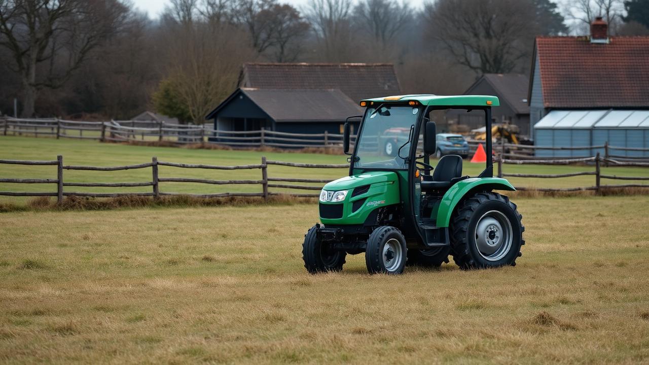 Compact electric tractor working on a paddock beside a British farmyard