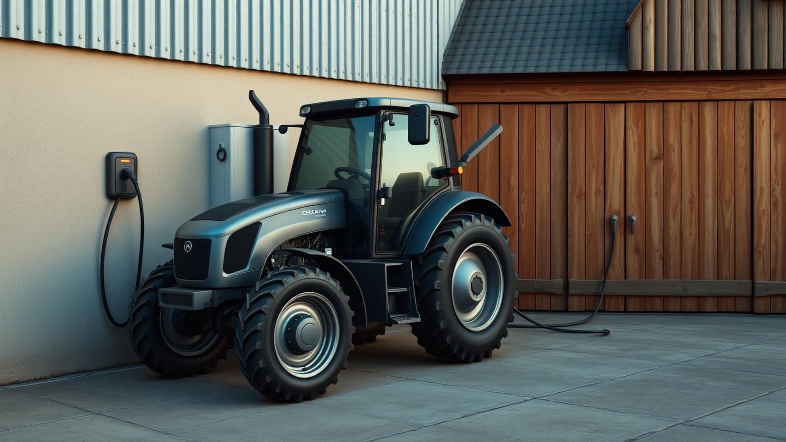 Electric tractor charging from a wall-mounted charge point beside a farm barn