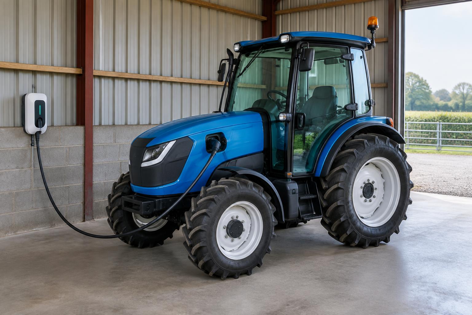 Battery-electric tractor connected to a wall charger inside a tidy farm shed