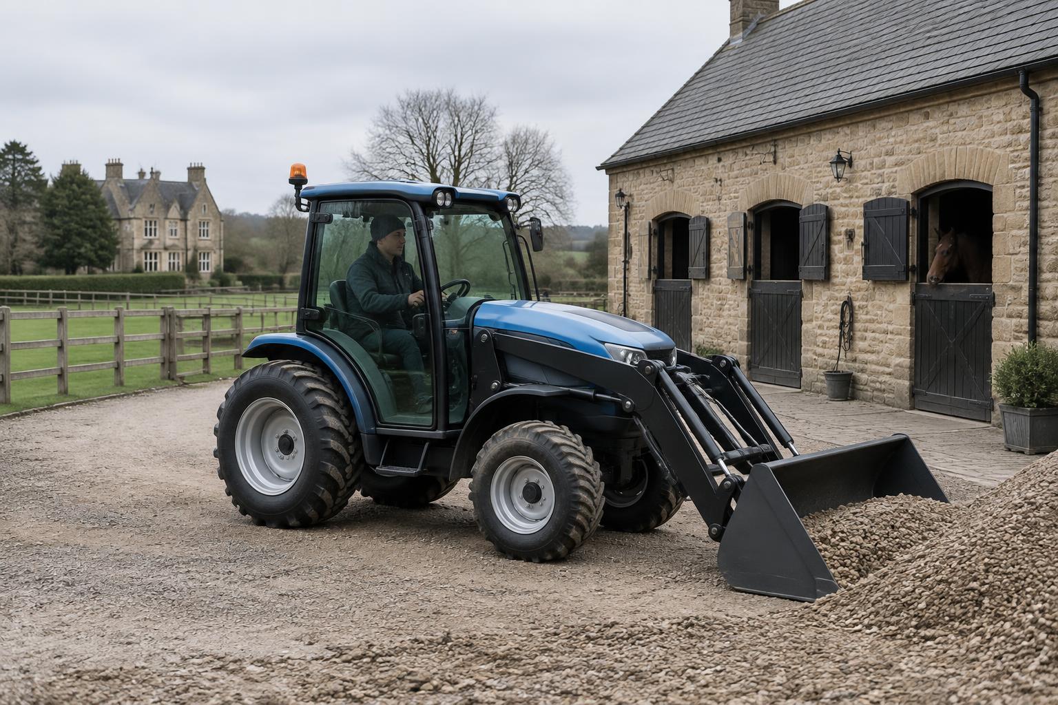 Compact electric tractor carrying gravel in a front loader beside estate stables