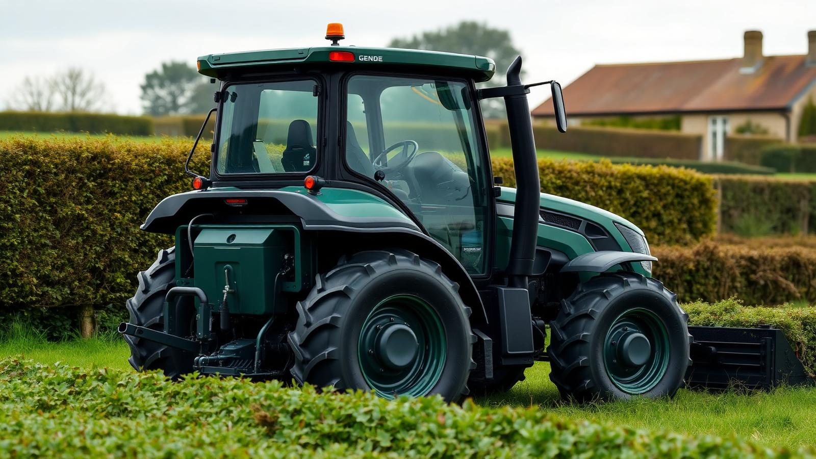 Generic electric tractor working in a British field with hedgerows