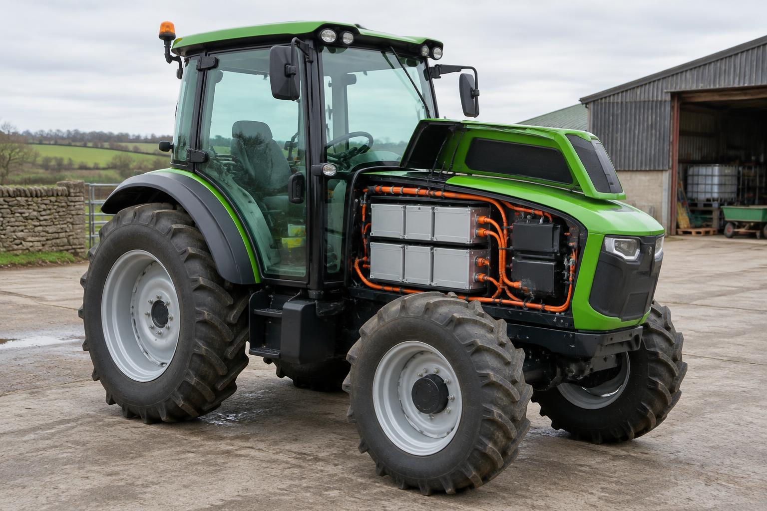 Battery modules visible beneath the open side panel of an electric tractor bonnet