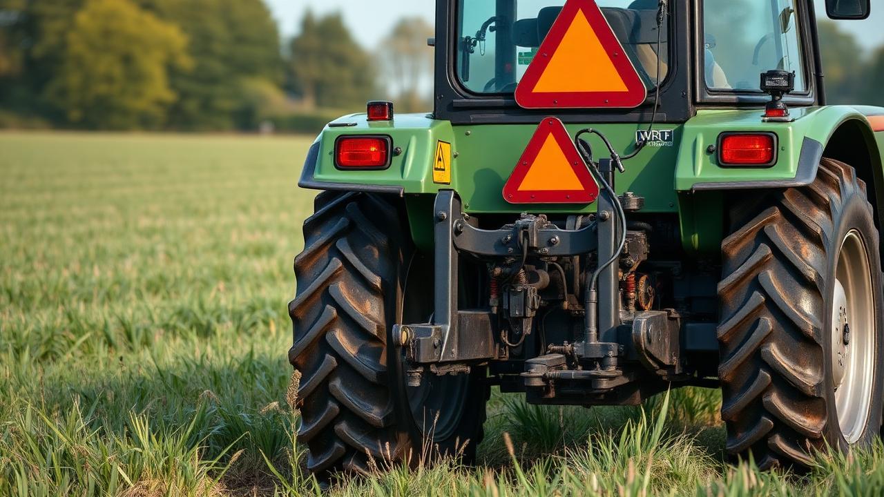 Rear hitch and linkage detail on a generic electric tractor in a field