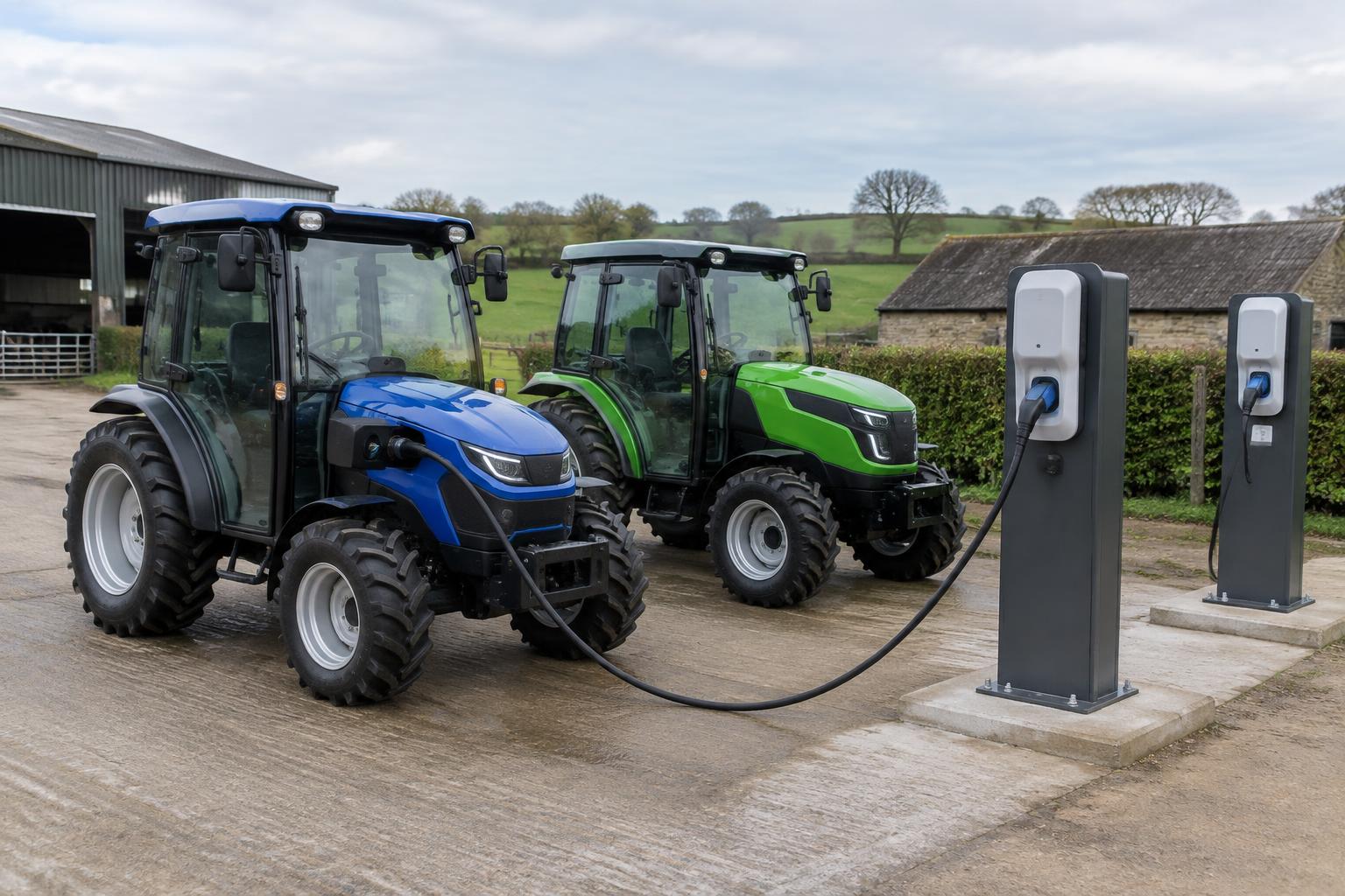 Two electric tractors beside outdoor charging points at a farm
