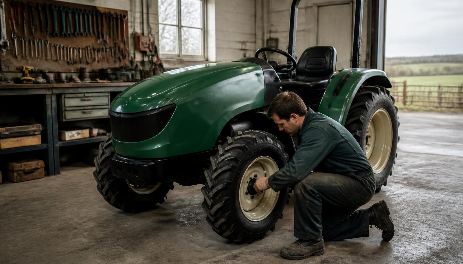 Generic electric tractor undergoing maintenance in a farm workshop
