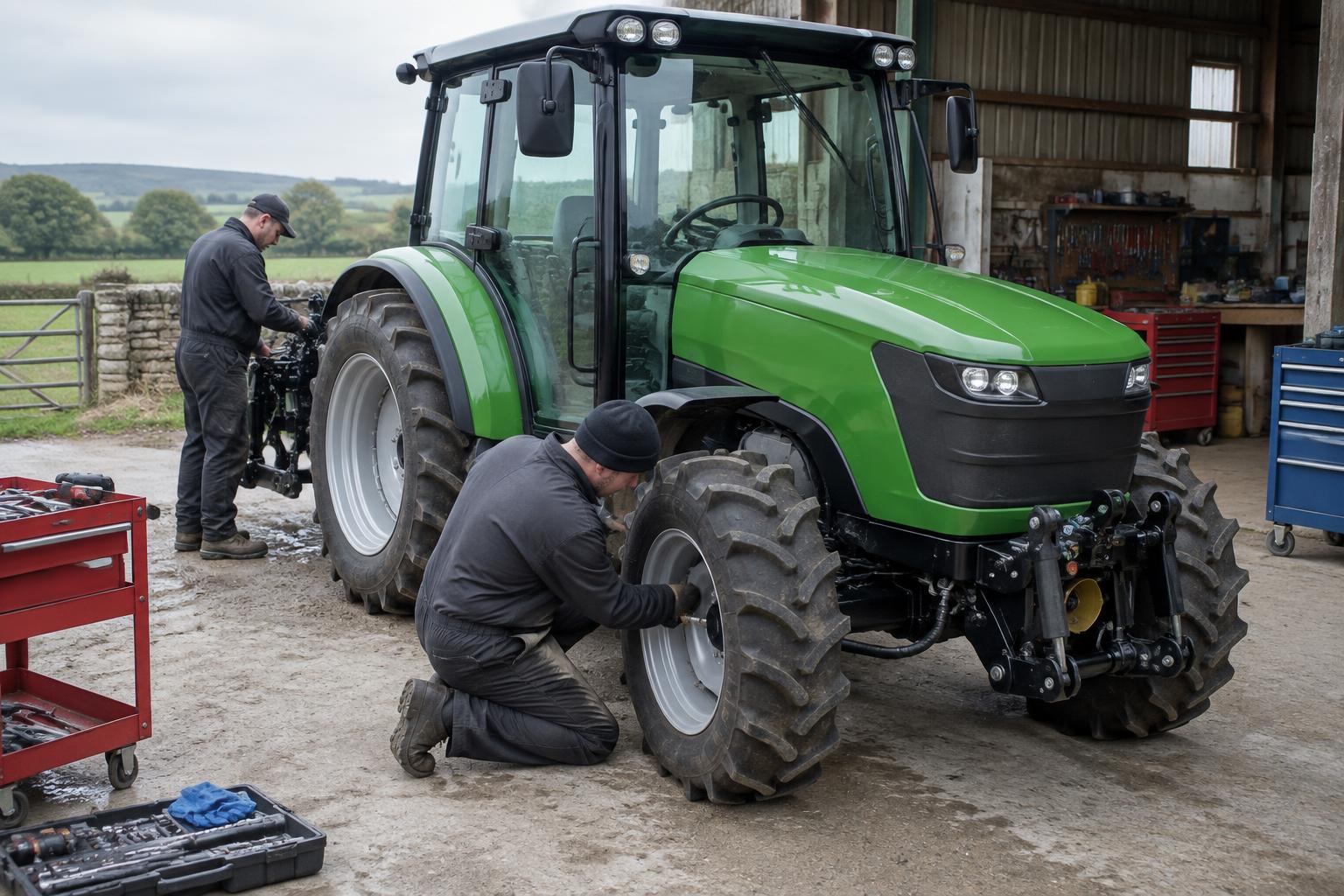 Mechanics inspecting the wheel and rear linkage of a battery-electric tractor at a farm workshop
