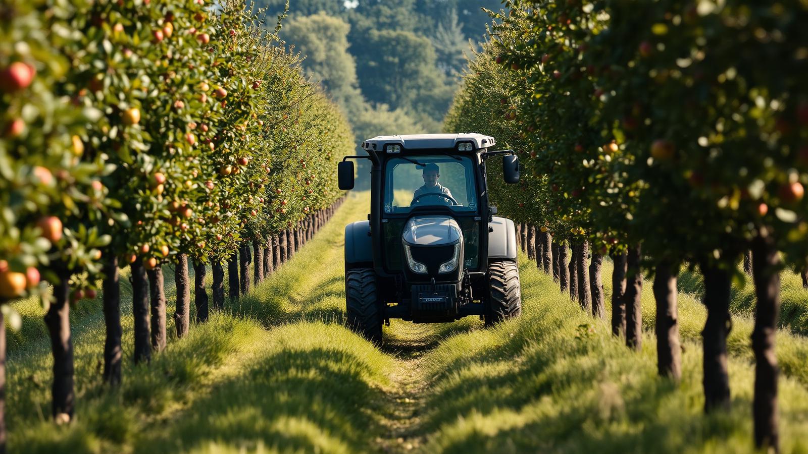Narrow electric tractor working between orchard rows