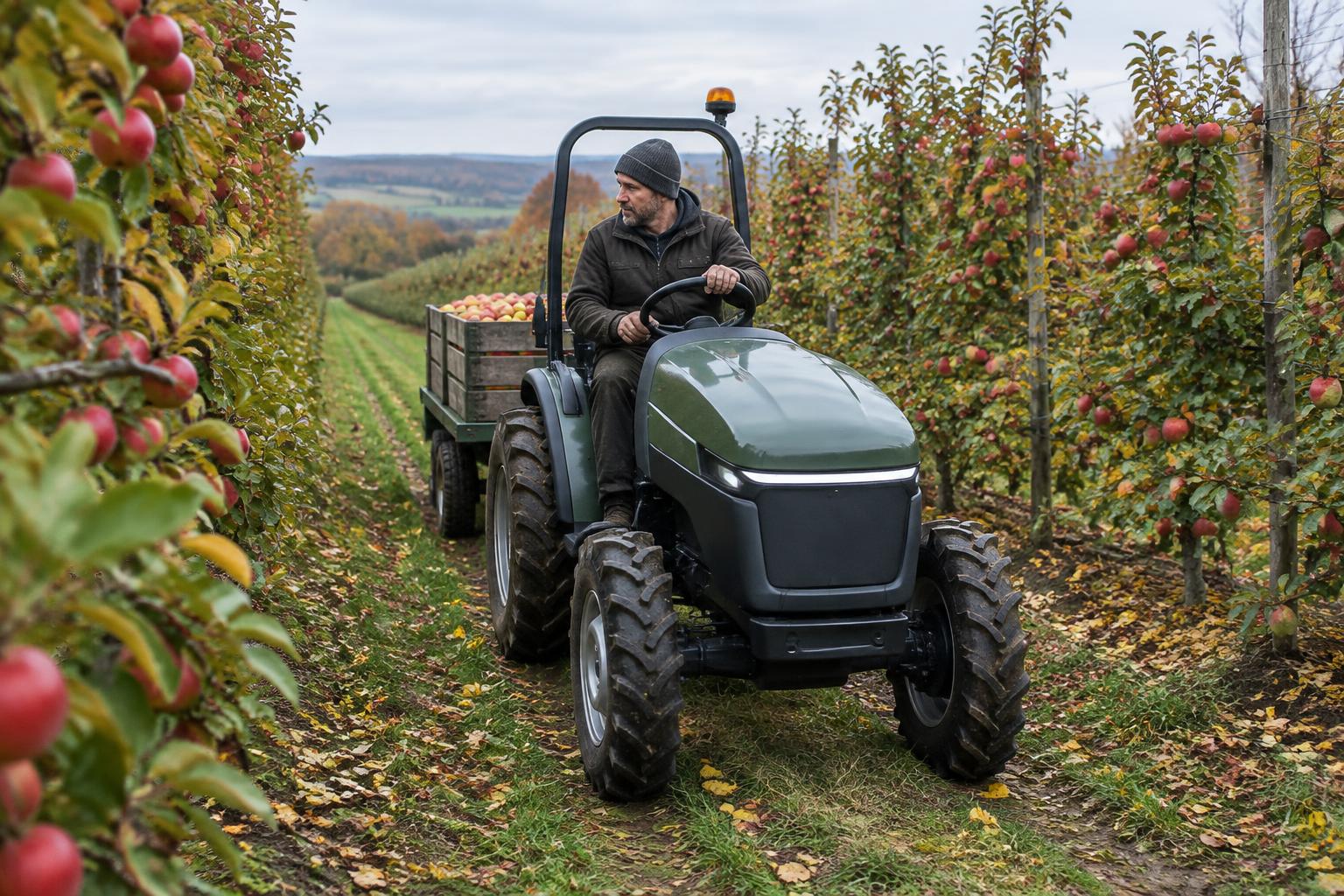 Narrow electric tractor driving between apple orchard rows