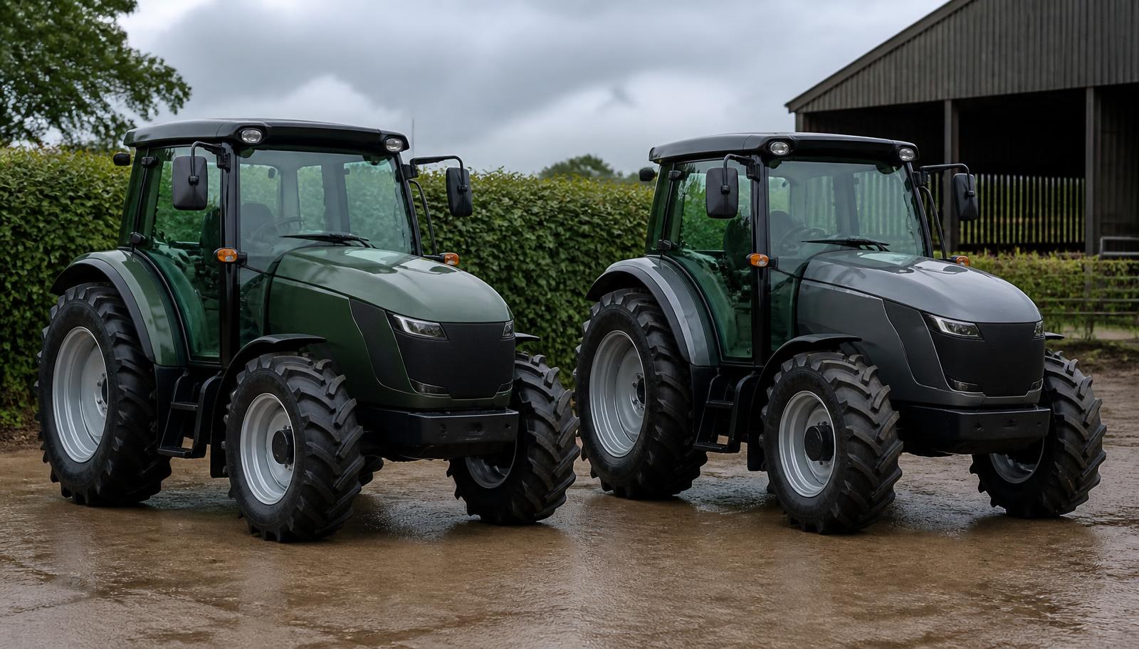Generic electric tractor parked on a British farm track at golden hour
