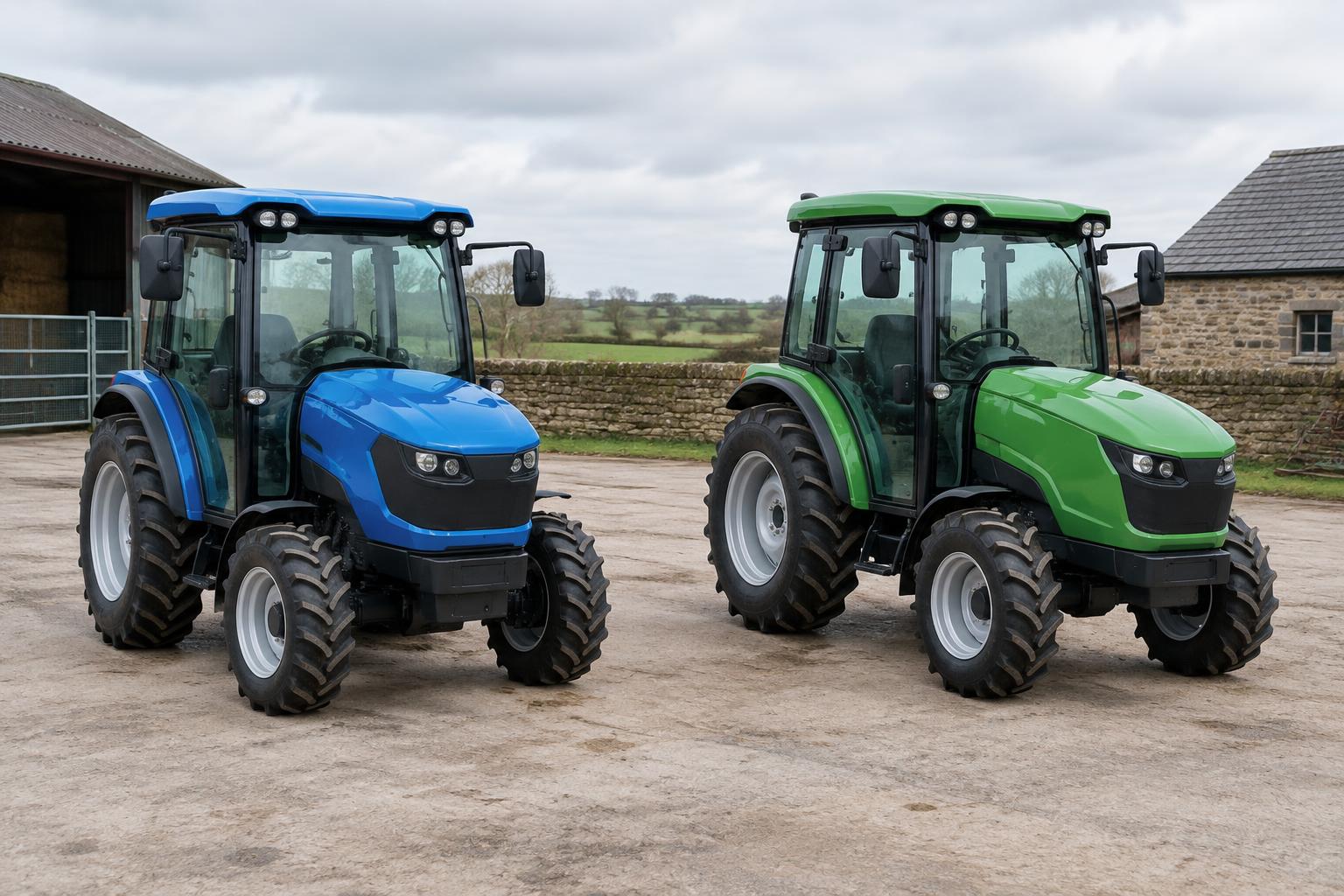 Blue and green compact electric tractors parked together in a British farmyard