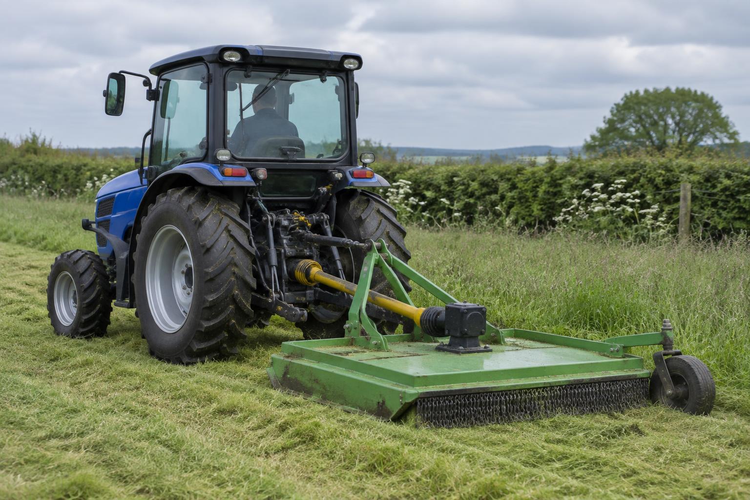 Battery-electric tractor using a rear-mounted PTO grass mower on a British field