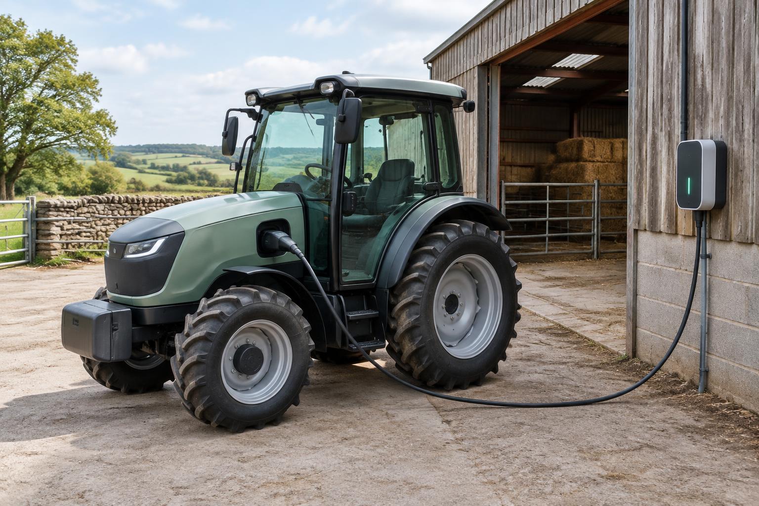 Battery-electric tractor connected to a barn wall charger on a British farm