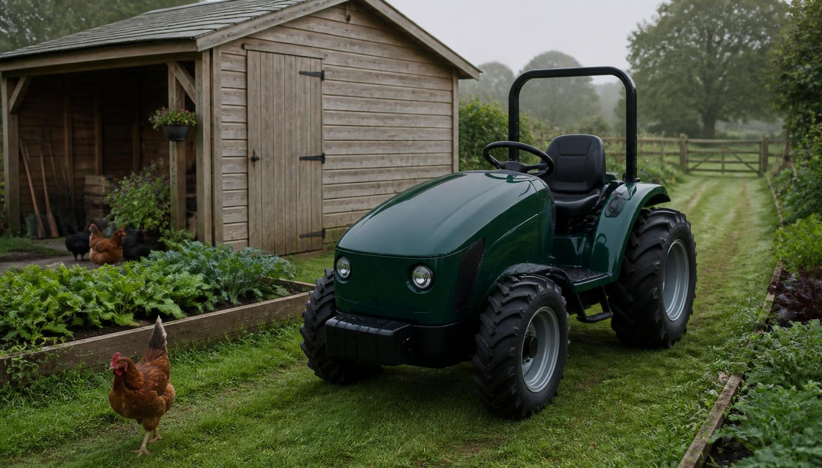 Compact electric tractor working on a mixed UK smallholding