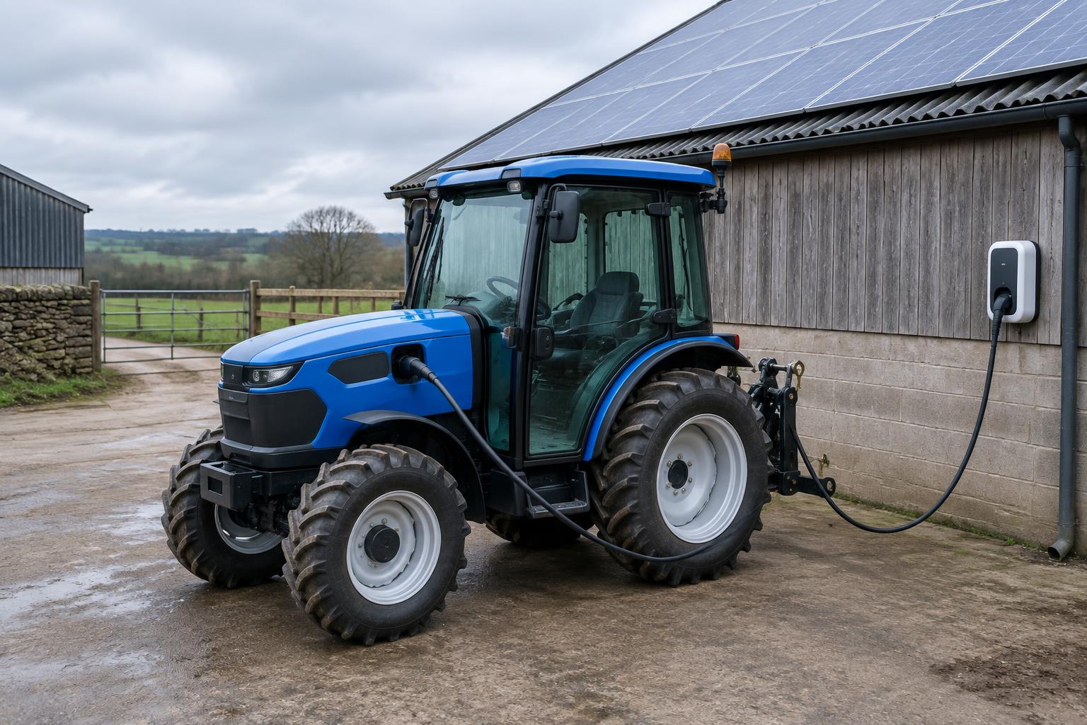 Electric tractor plugged in beneath solar panels on a British farm barn