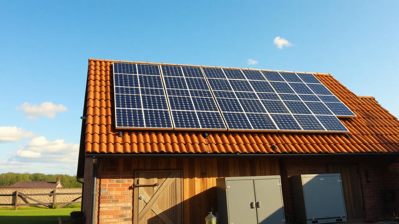 Solar panel array on a British barn roof with battery storage cabinets below