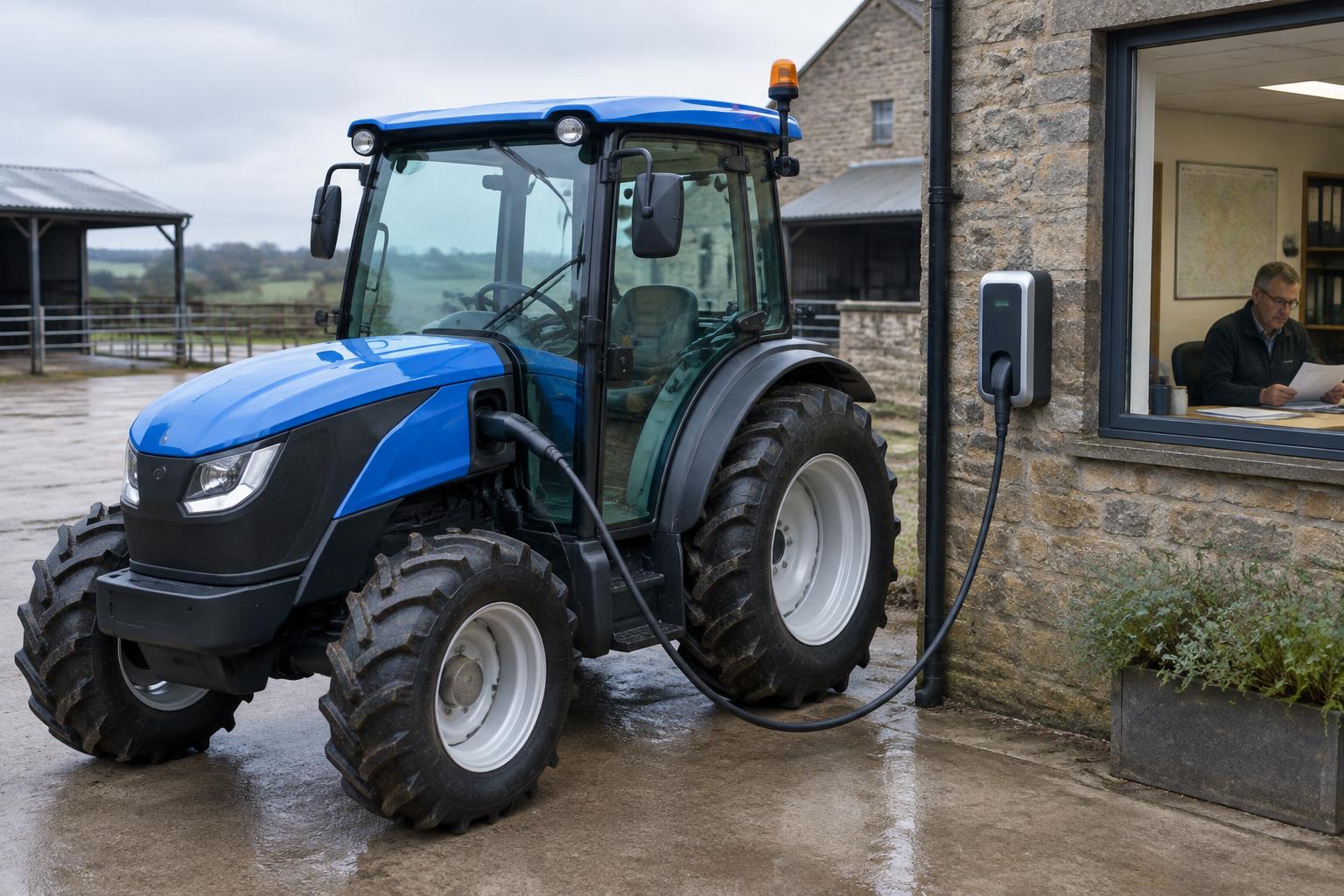Electric tractor charging beside a farm office as a farmer reviews paperwork