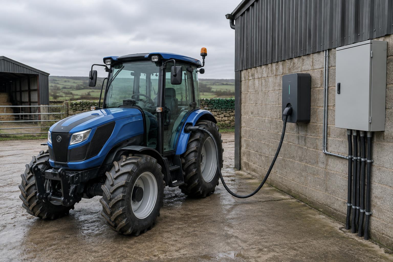 Electric tractor connected to a farm charger beside an electrical supply cabinet