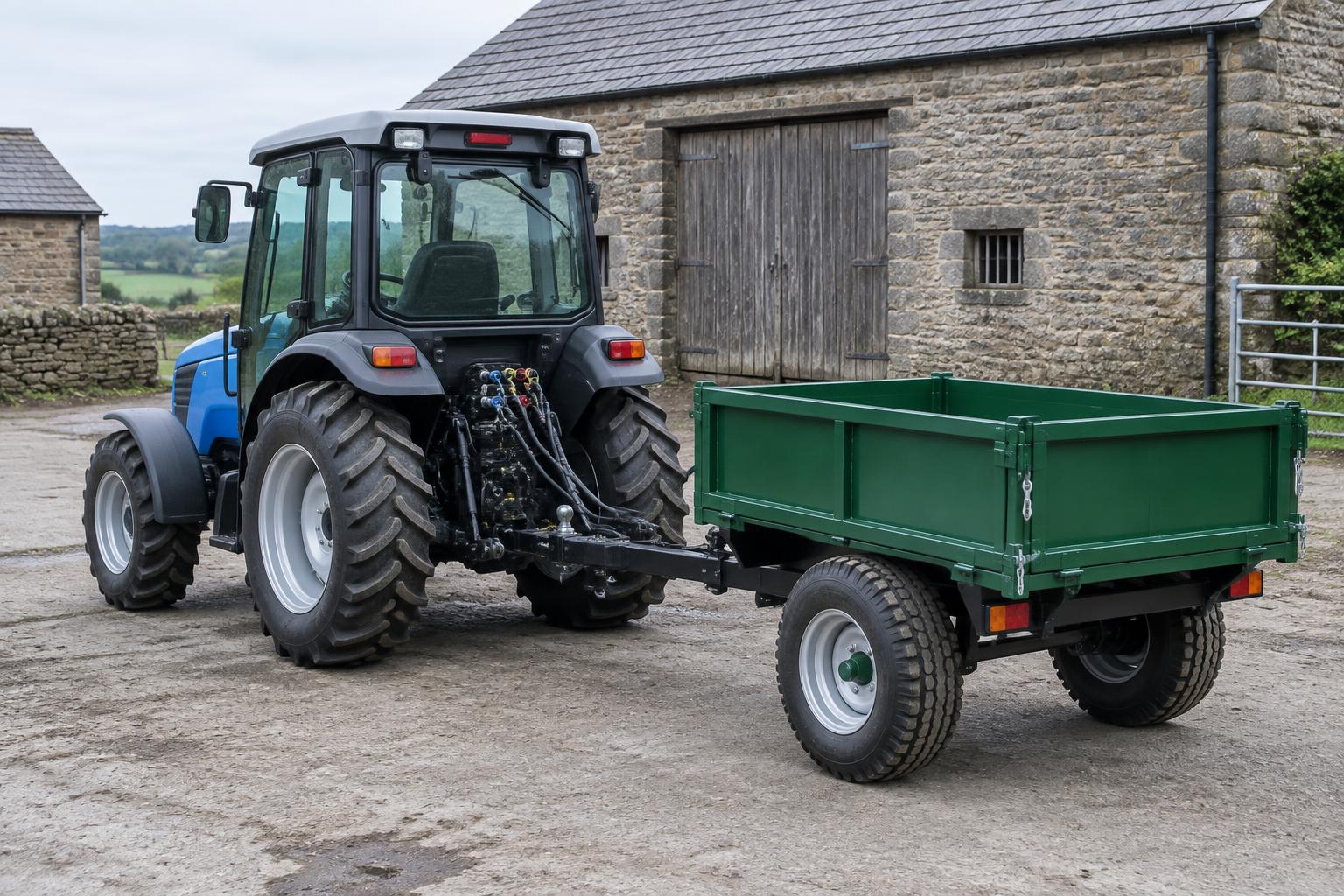 Rear hydraulic couplings on a battery-electric tractor towing a farm trailer