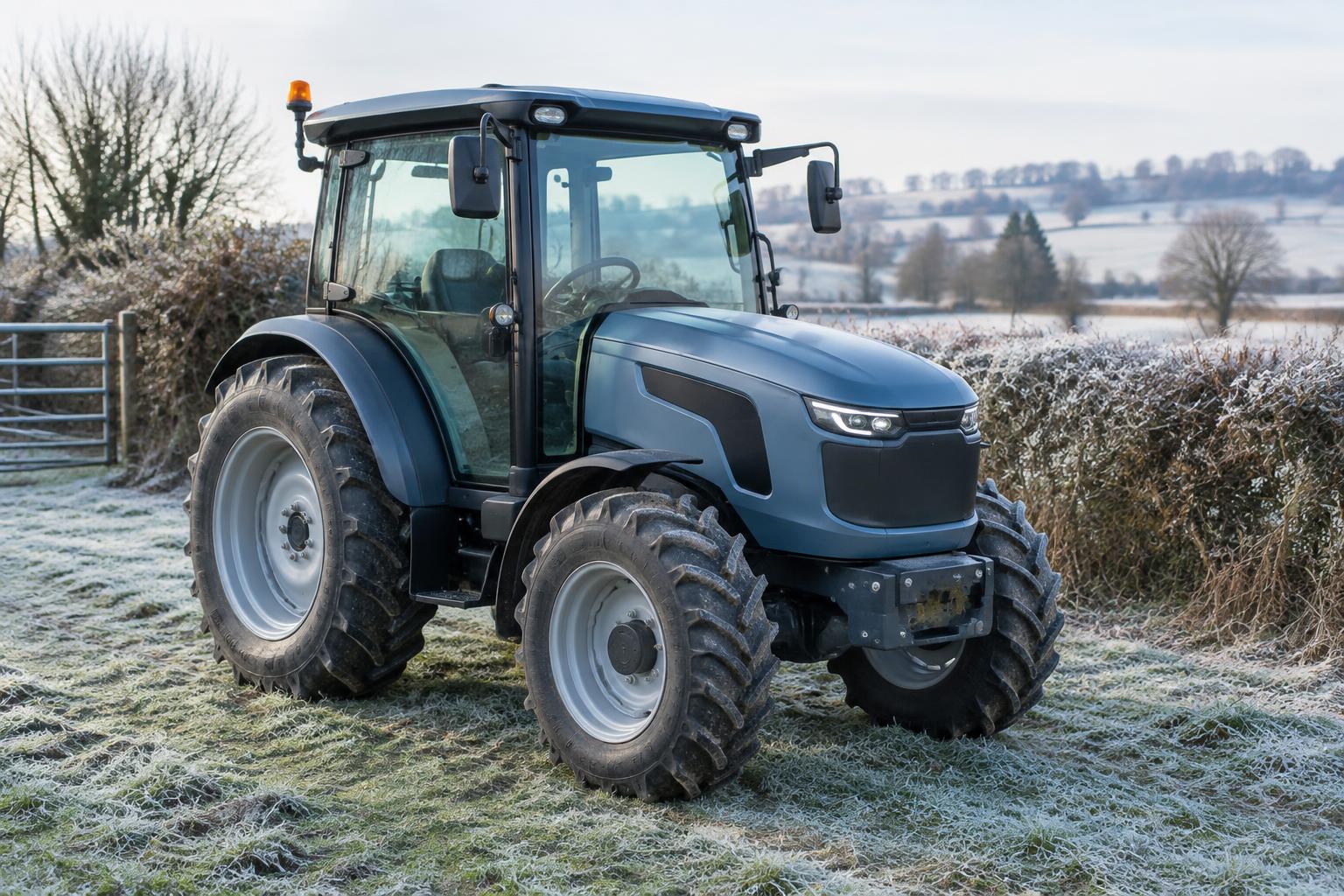 Battery-electric tractor parked beside a frosty British hedgerow