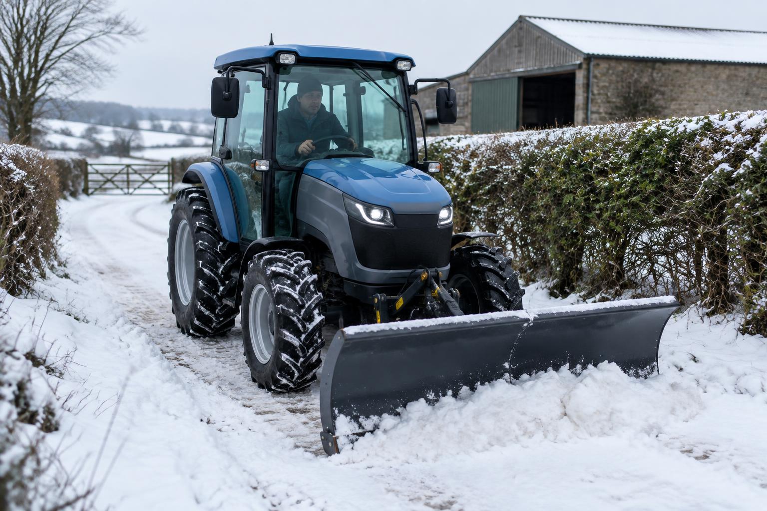 Compact electric tractor clearing snow from a farm track with a front blade